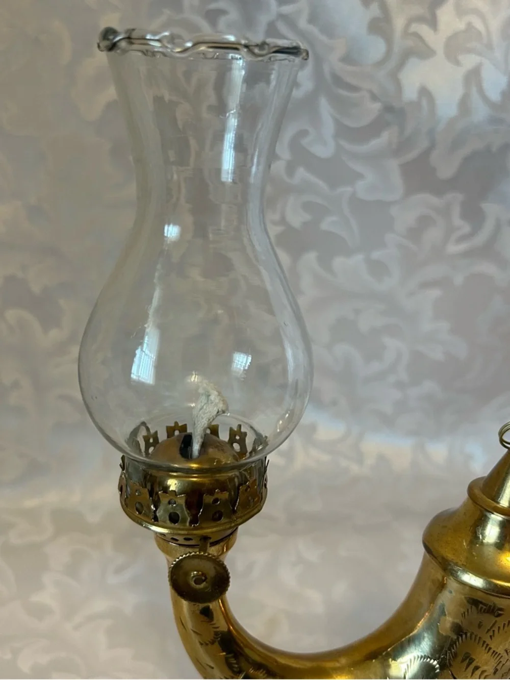 Vintage Etched Brass Genie Oil Lamp, Made In India, 10.5 Inches High